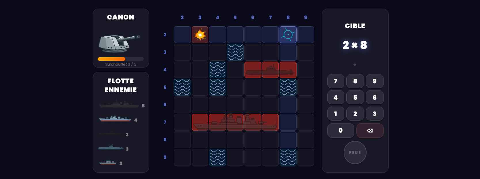 Jeu de bataille navale pour apprendre les tables de multiplication
