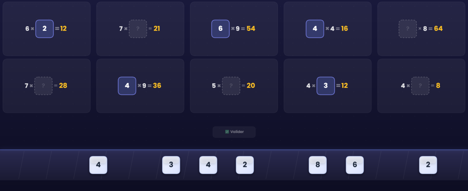 Jeu de tapis roulant avec tuiles à placer dans une grille de multiplications
